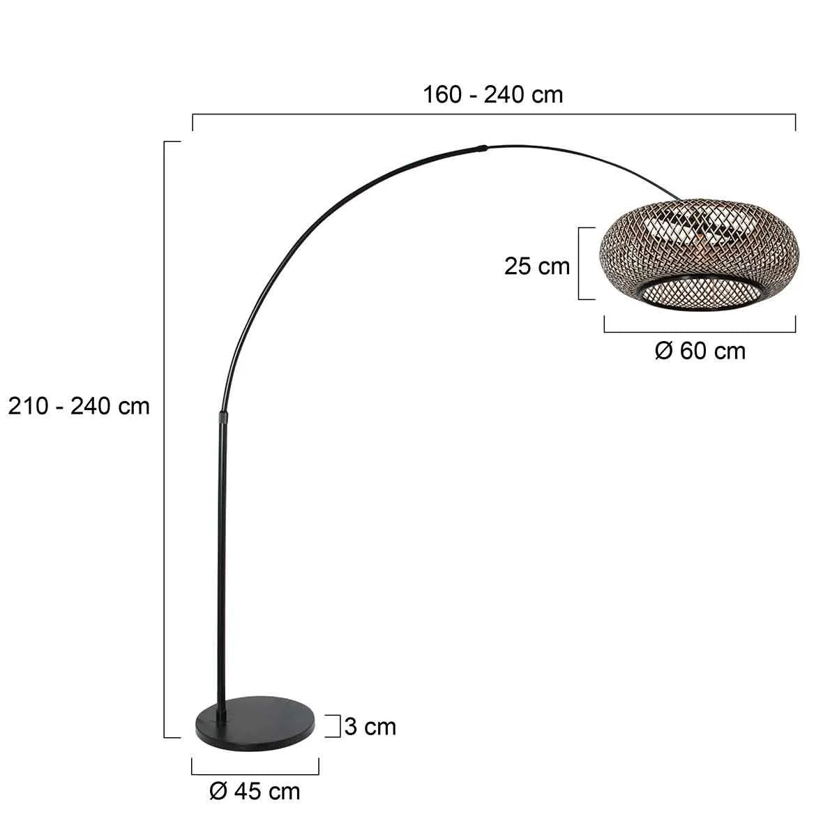 Lampadaire arc en métal noir bronze avec abat-jour rond et mesh, H240 cm