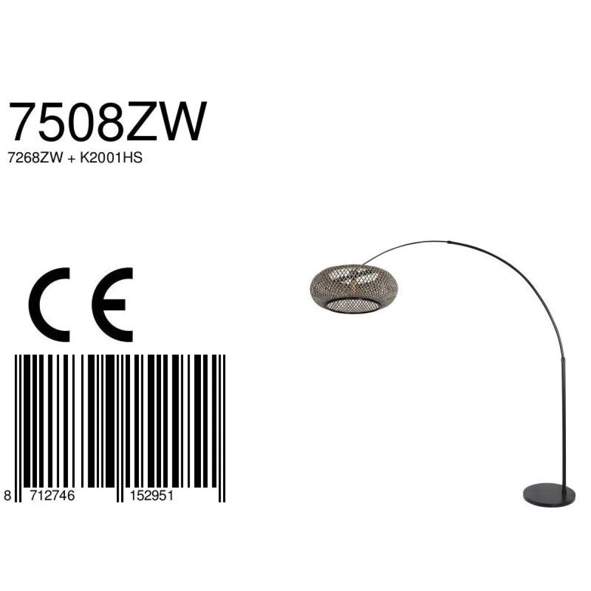 Lampadaire arc en métal noir bronze avec abat-jour rond tissé, H240 cm