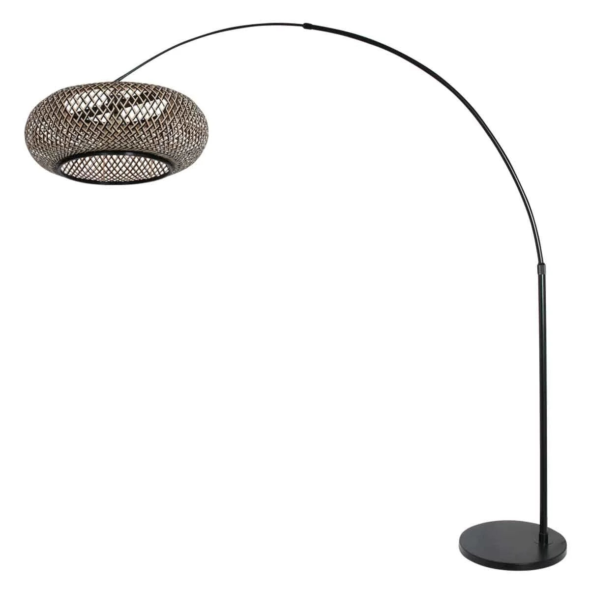 Lampadaire arc en métal noir bronze avec abat-jour rond en panier tissé