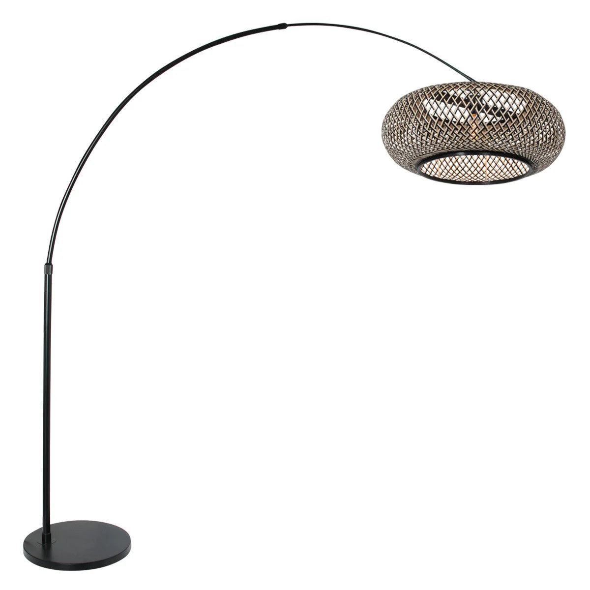 Lampadaire arc en métal noir bronze avec abat-jour rond tissé, H240 cm