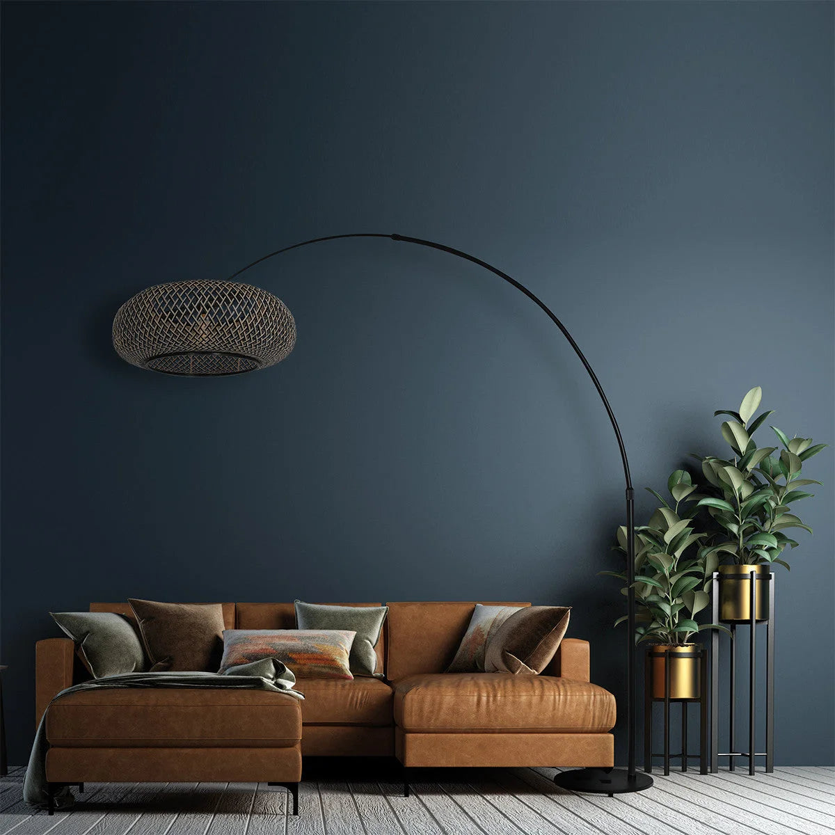 Lampadaire arc en métal noir bronze avec abat-jour rond en osier, H240 cm