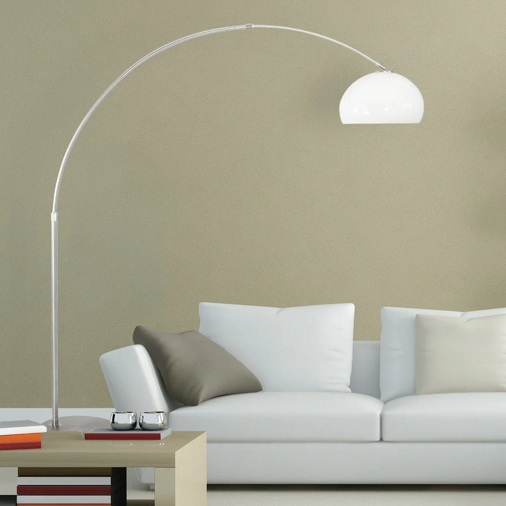 Lampadaire arc en métal brossé avec abat-jour blanc hémisphérique H240 cm