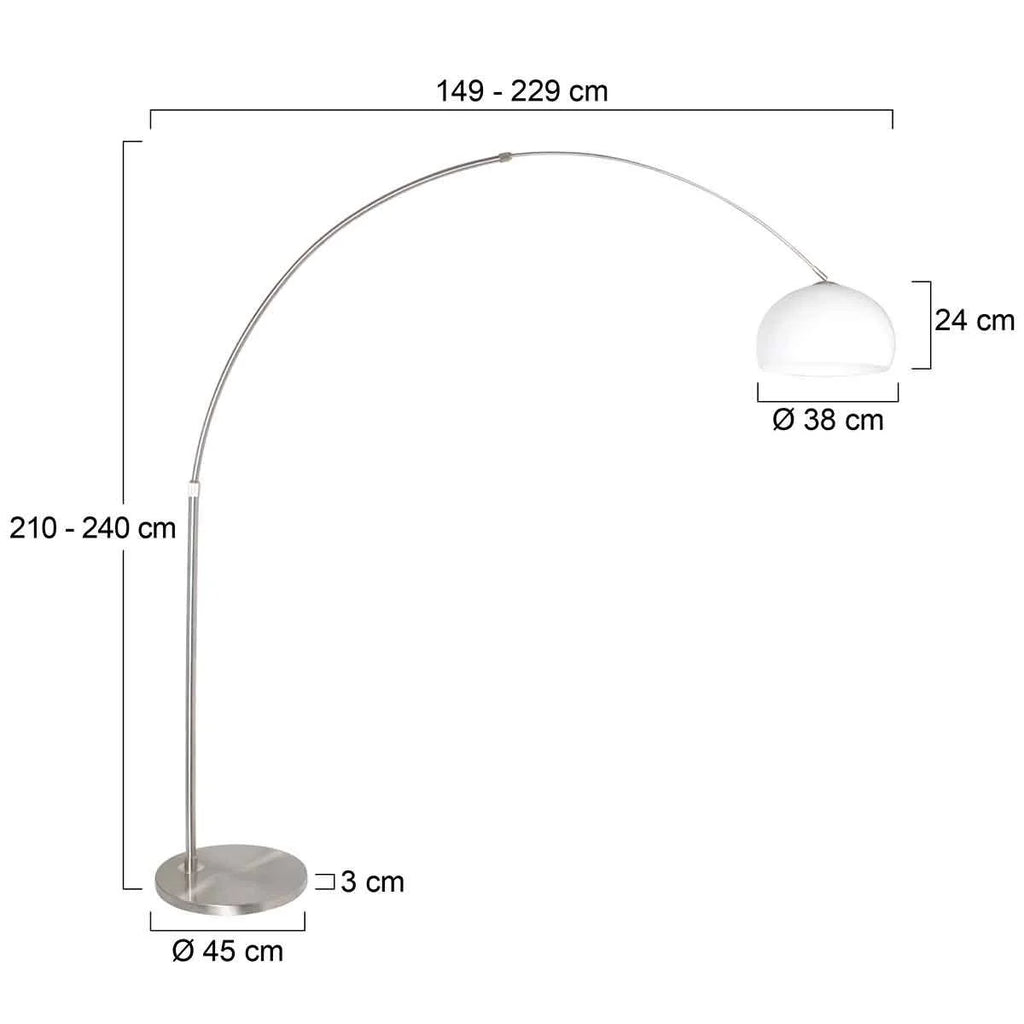 Lampadaire arc en métal brossé avec abat-jour blanc hémisphérique, H240 cm