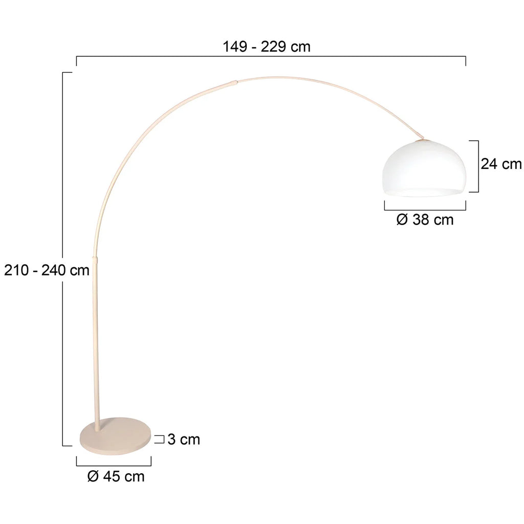 Lampadaire arc en métal crème avec abat-jour blanc opalin, hauteur 240 cm