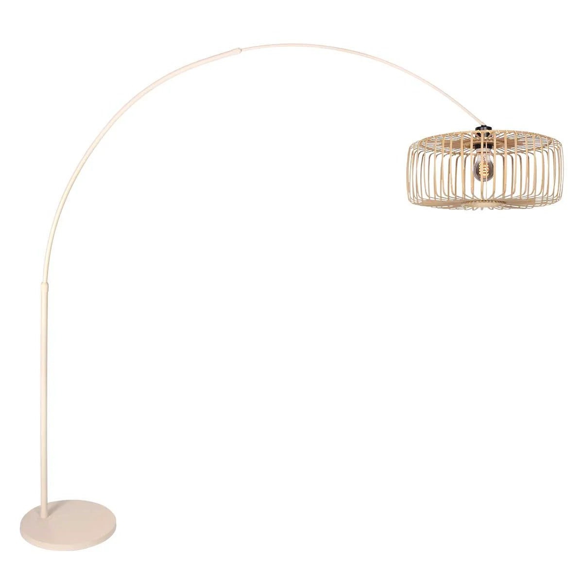 Lampadaire arc en métal crème avec abat-jour rotin tressé et base arqué haut de 240 cm
