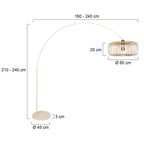 Lampadaire arc en métal crème avec abat-jour rotin tressé, hauteur 240 cm