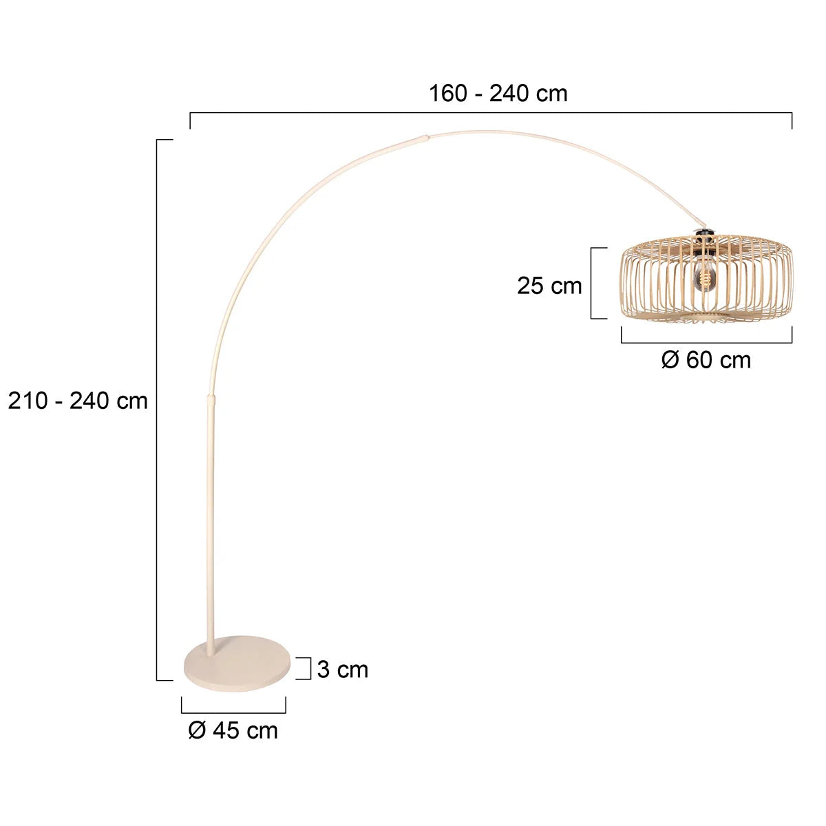 Lampadaire arc en métal crème avec abat-jour rotin tressé, hauteur 240 cm