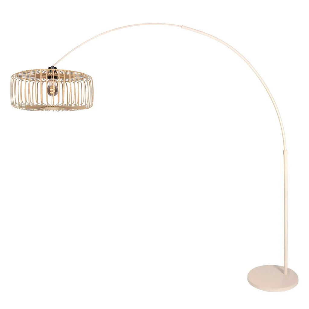 Lampadaire arc en métal crème avec abat-jour rotin tressé, hauteur H240 cm