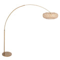 Lampadaire arc en métal doré avec abat-jour en rotin ajouré et texture, diamètre 60 cm