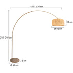 Lampadaire arc en métal doré avec abat-jour tressé naturel, hauteur 240 cm