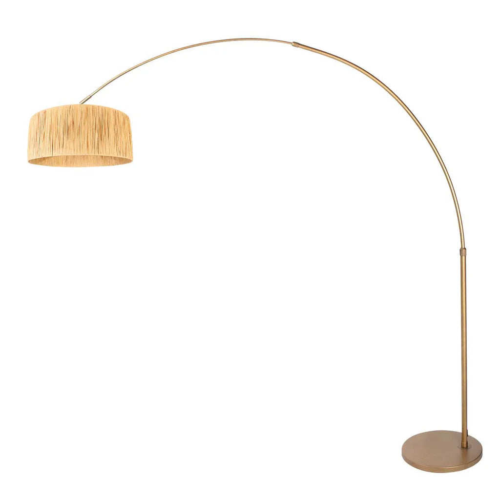 Lampadaire arc en métal doré avec abat-jour tressé beige, hauteur 240 cm
