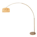 Lampadaire arc en métal doré avec abat-jour tressé beige, hauteur 240 cm
