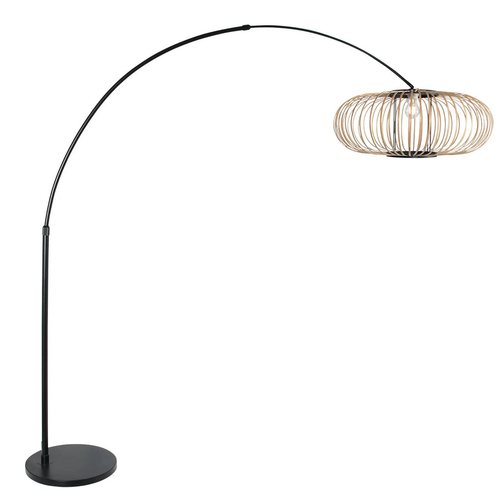 Lampadaire arc en métal noir avec abat-jour ajouré en rotin naturel H180 cm