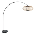 Lampadaire arc en métal noir avec abat-jour ajouré en rotin naturel H180 cm