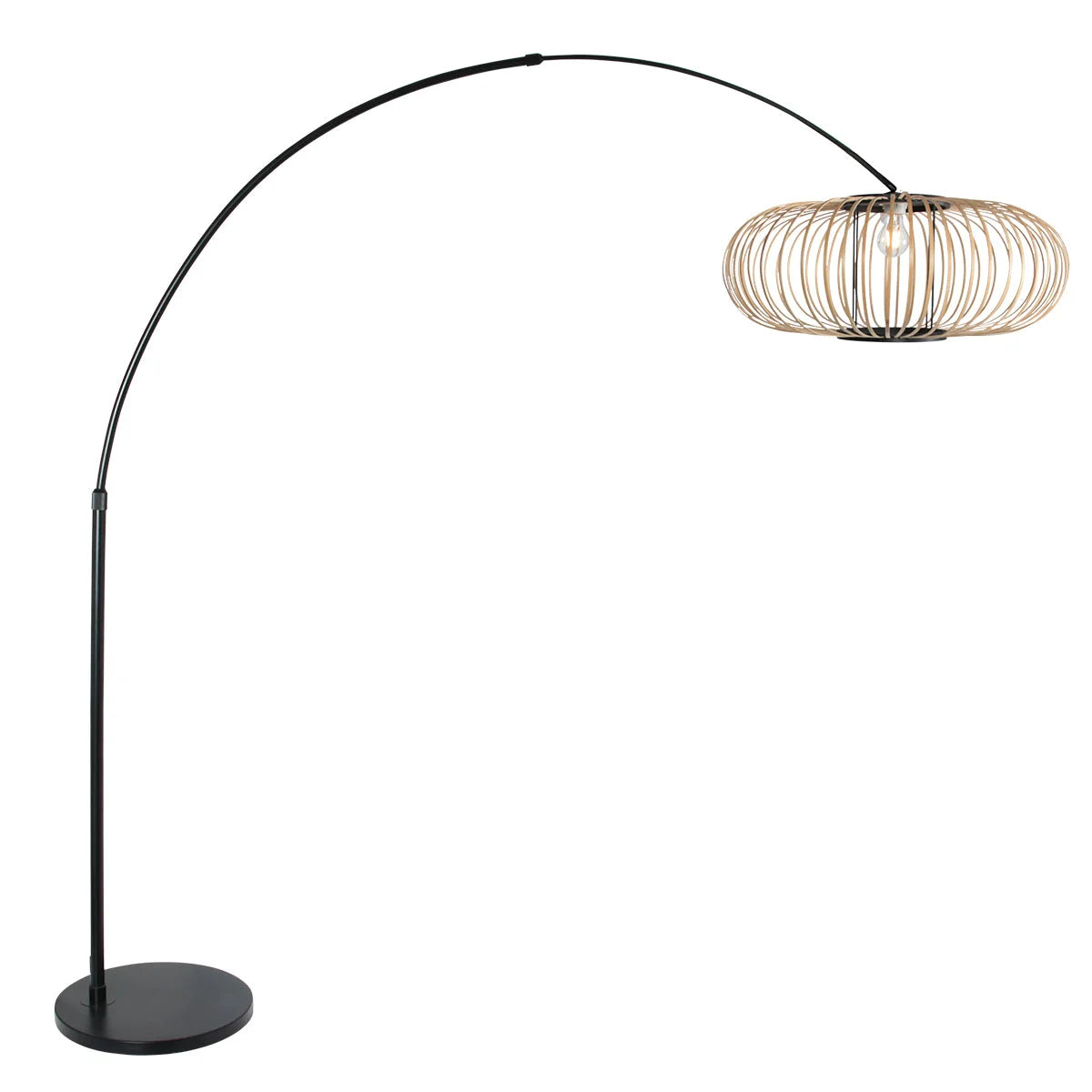 Lampadaire arc en métal noir avec abat-jour ajouré en rotin naturel H180 cm