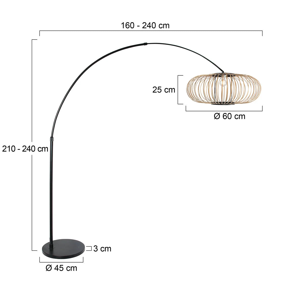 Lampadaire arc métal noir avec abat-jour ajouré rotin naturel H180 cm