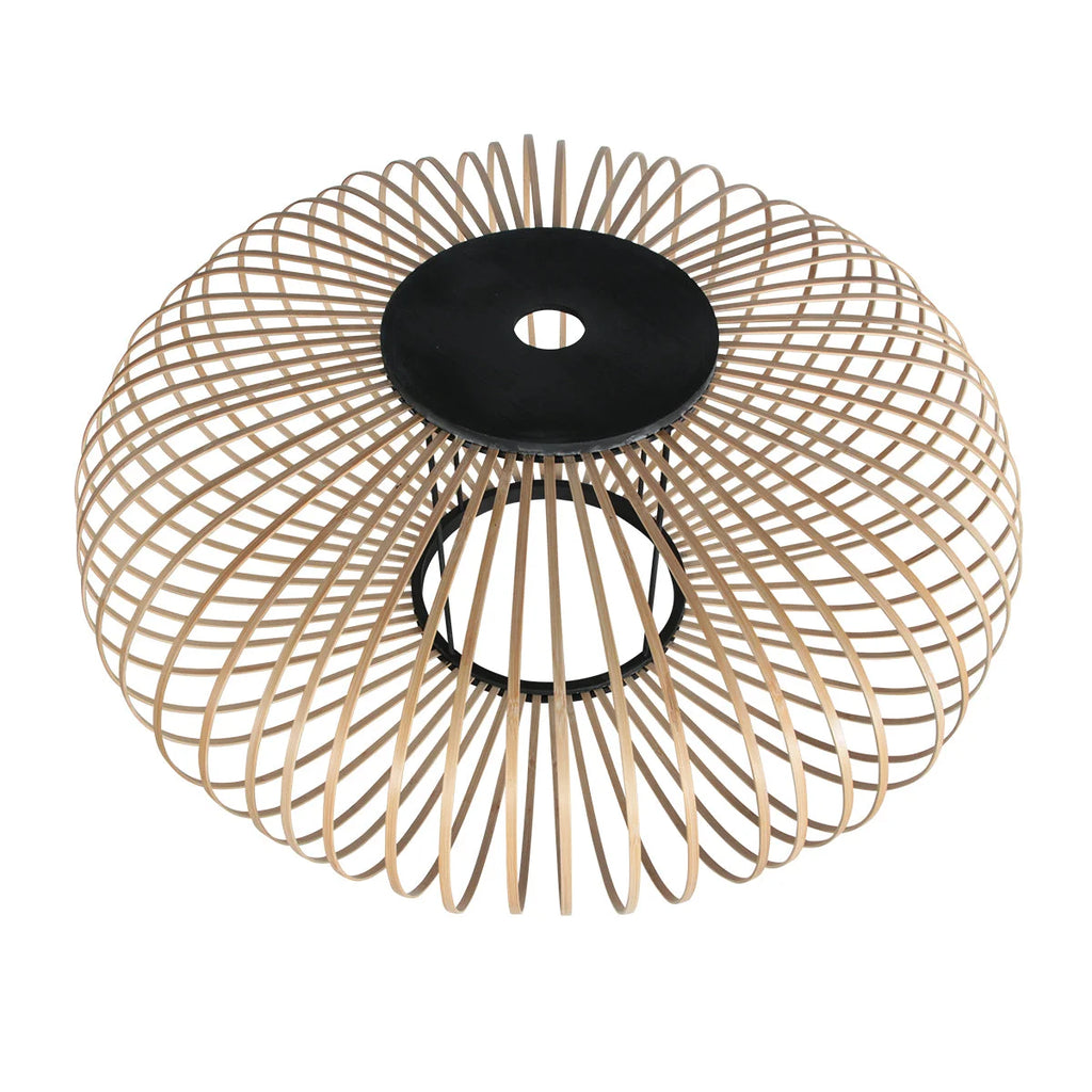 Lampadaire arc métal noir avec abat-jour ajouré rotin naturel H180 cm