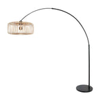Lampadaire arc en métal noir avec abat-jour en bambou naturel ajouré H240 cm