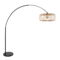 Lampadaire arc en métal noir avec abat-jour en bambou naturel ajouré H240 cm