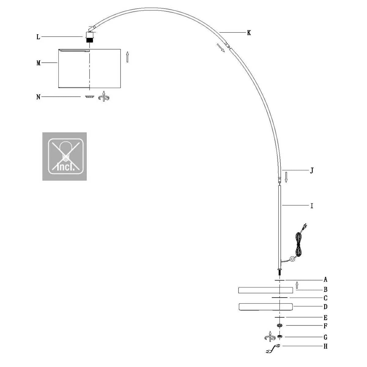 Diagram d’un lampadaire arc métal noir avec abat-jour blanc hémisphère et base lourde