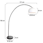 Lampadaire arc en métal noir avec abat-jour blanc et base circulaire, dimensions indiquées