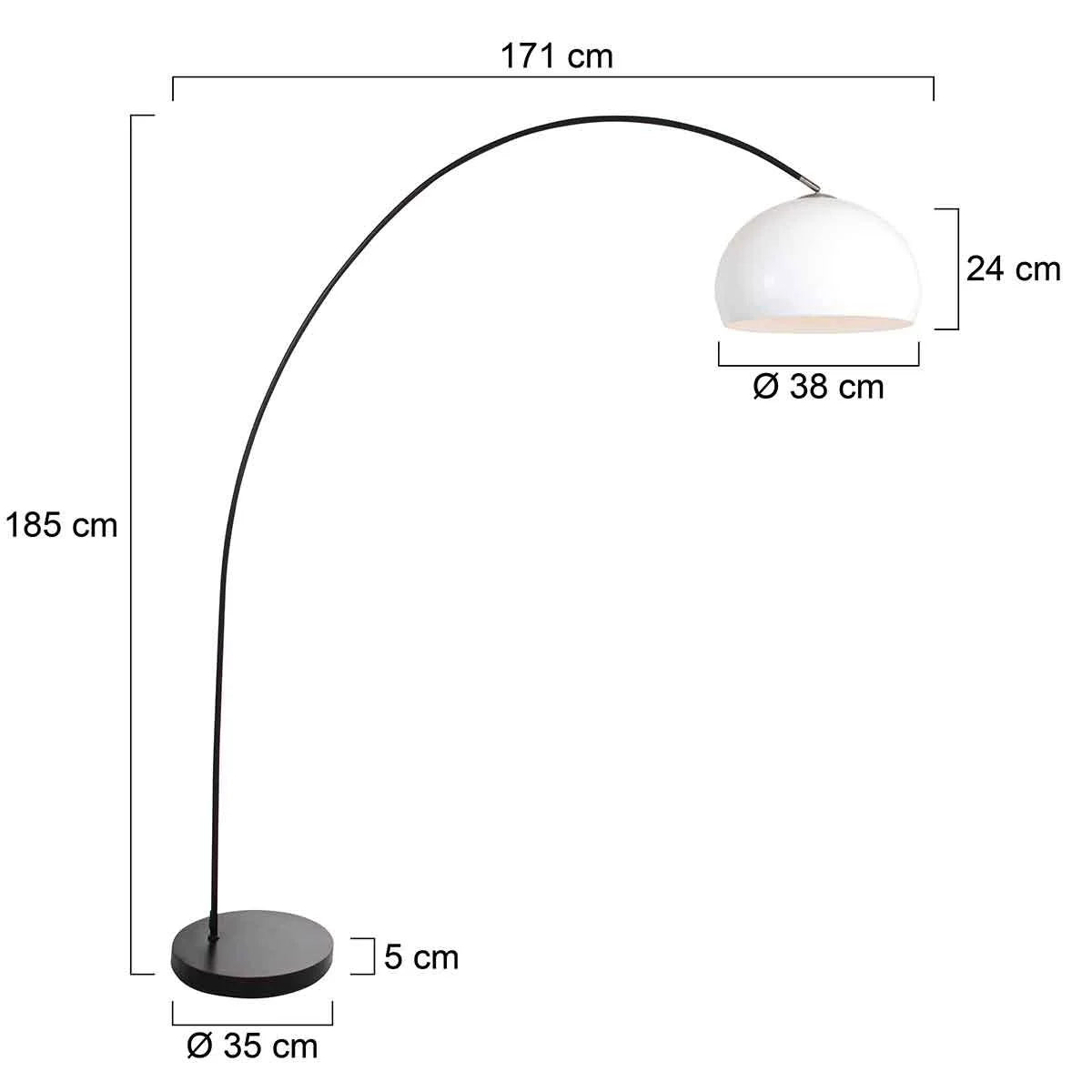 Lampadaire arc en métal noir avec abat-jour blanc et base circulaire, dimensions indiquées