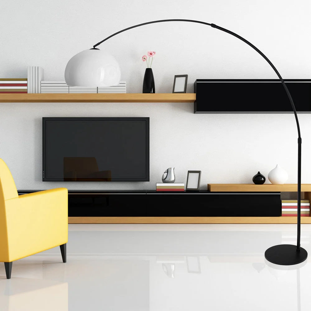 Lampadaire arc en métal noir avec abat-jour blanc hémisphérique H230 cm