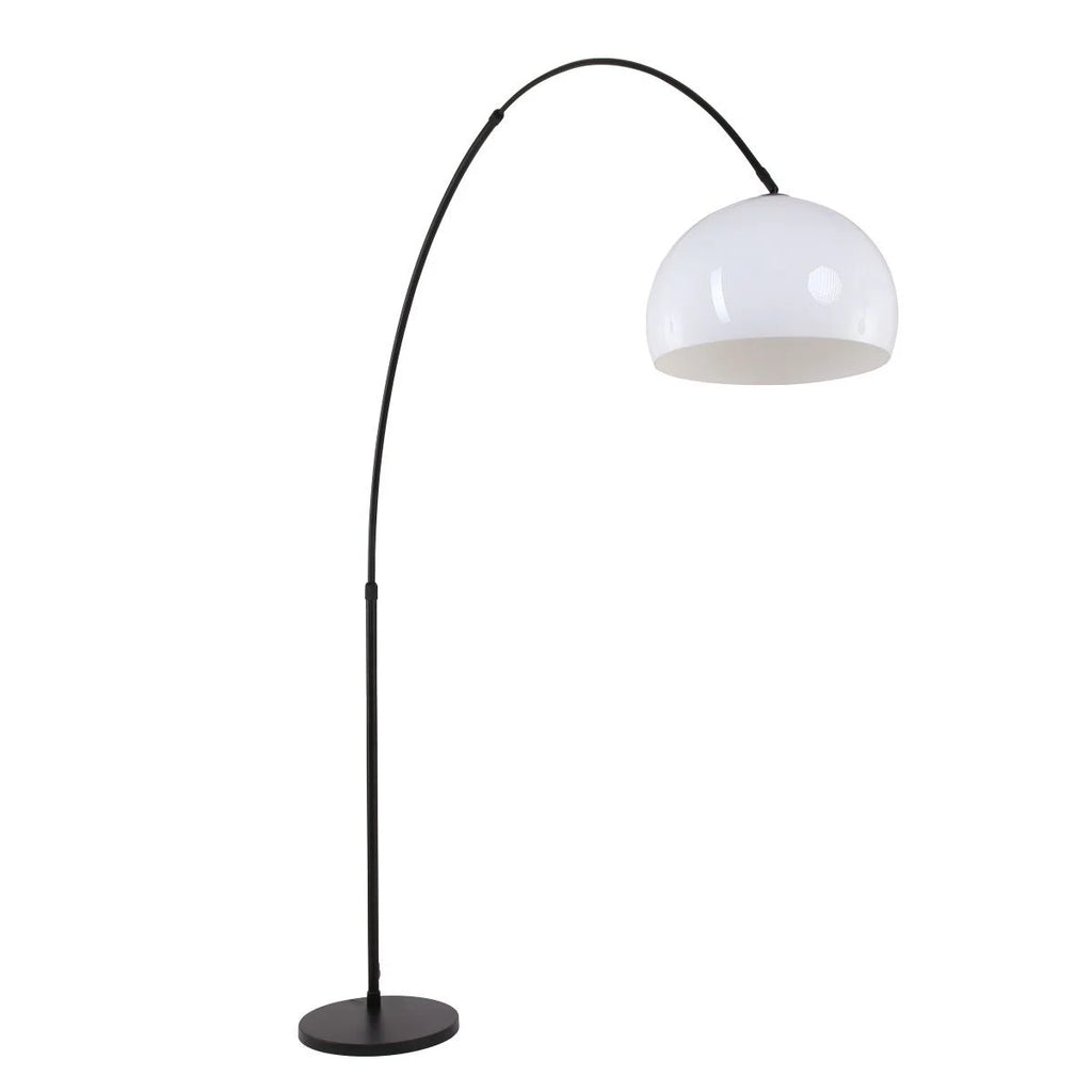 Lampadaire arc en métal noir avec abat-jour blanc hémisphérique, hauteur 230 cm