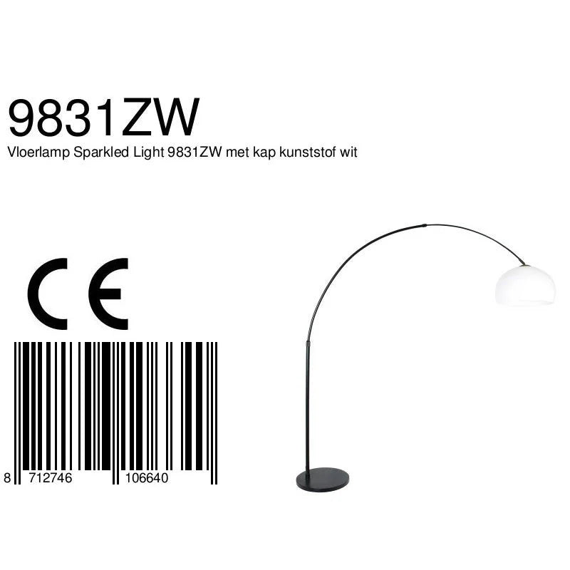 Lampadaire arc en métal noir avec abat-jour blanc hémisphérique, hauteur 230 cm
