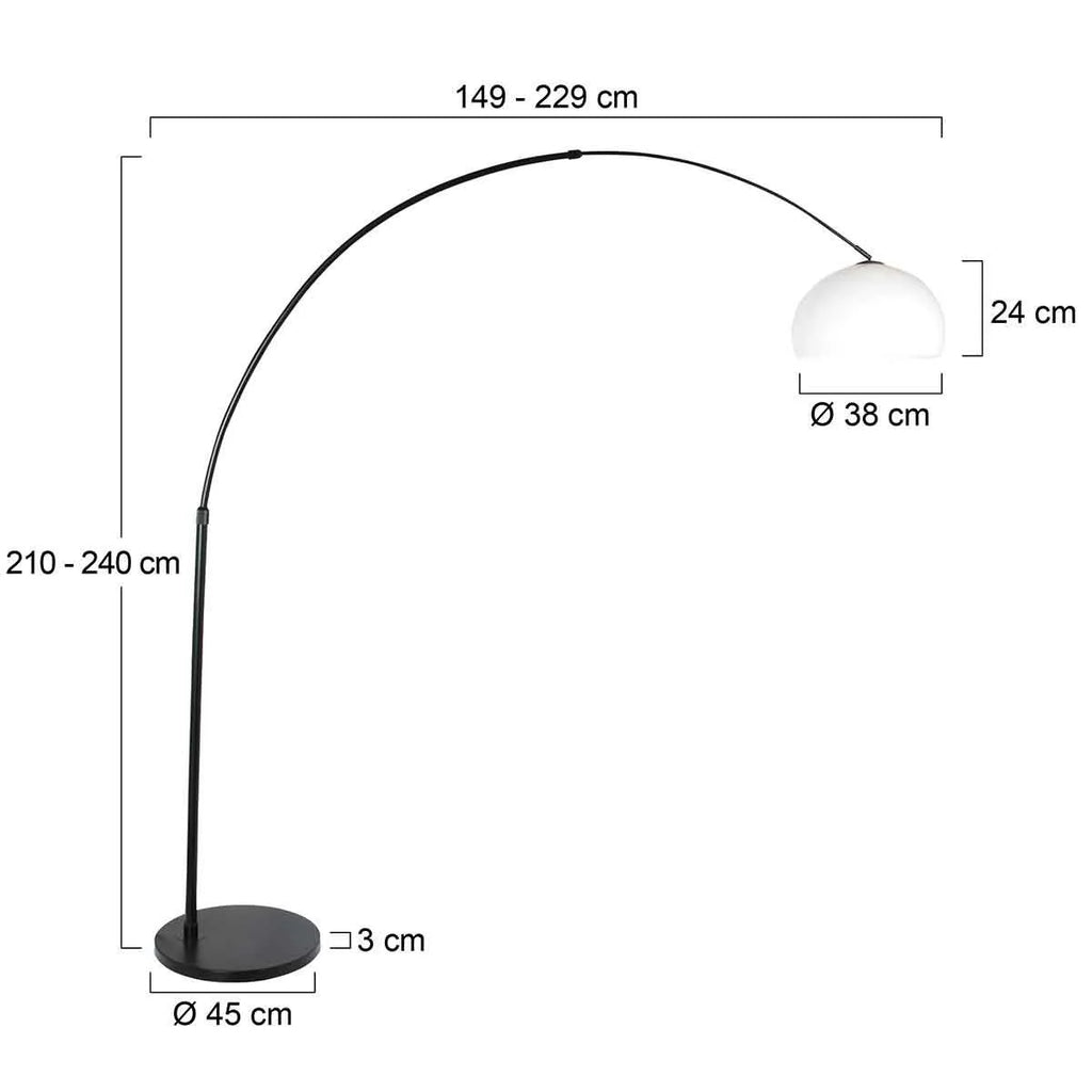 Lampadaire arc en métal noir avec abat-jour blanc hémisphérique et base circulaire