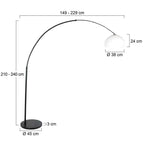 Lampadaire arc en métal noir avec abat-jour blanc hémisphérique et base circulaire