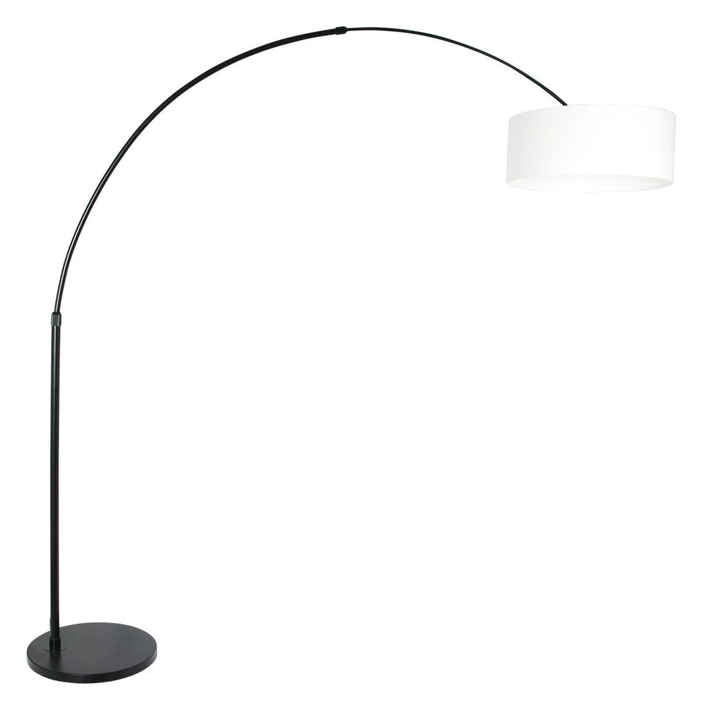 Lampadaire arc en métal noir avec abat-jour blanc tambour, hauteur H240 cm