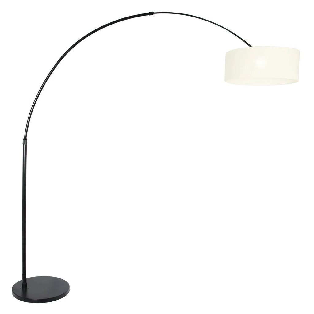Lampadaire arc en métal noir avec abat-jour blanc tambour, hauteur 240 cm