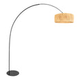 Lampadaire arc en métal noir avec abat-jour en fibres naturelles, hauteur 210 cm