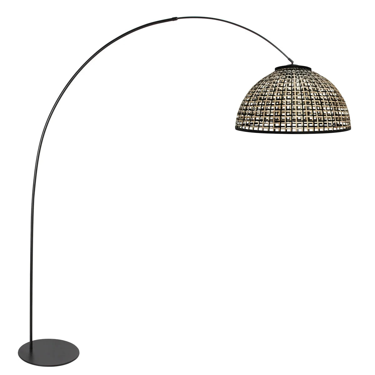 Lampadaire arc métal noir avec abat-jour rotin ajouré naturel H180 cm