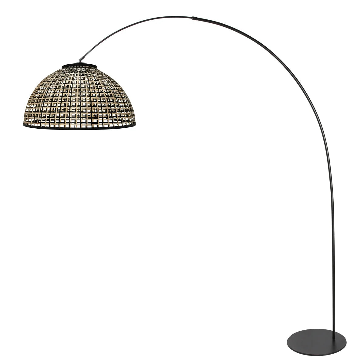 Lampadaire arc métal noir avec abat-jour rotin ajouré naturel H180 cm