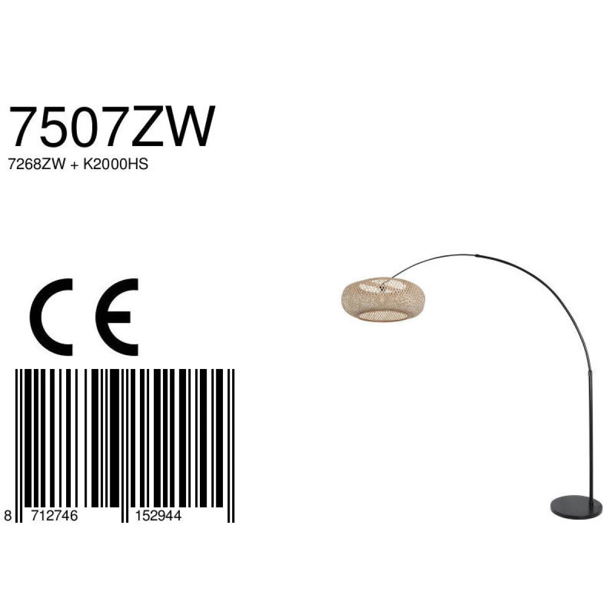Lampadaire arc en métal noir avec abat-jour rotin ajouré naturel, hauteur 240 cm
