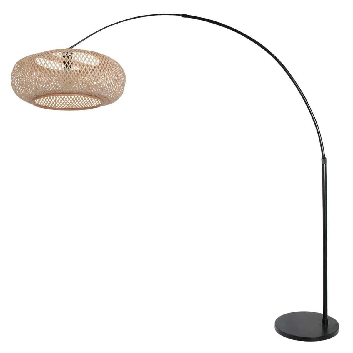 Lampadaire arc en métal noir avec abat-jour rotin ajouré naturel H240 cm