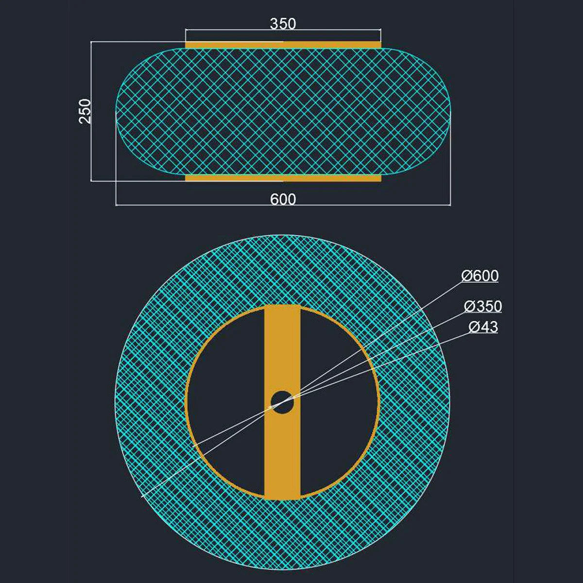 Dessin technique avec dimensions dune pièce ovale et circulaire, motif en croisillons et élément central jaune pour Lampadaire arc en métal noir abat-jour rotin ajouré naturel H240 cm