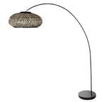 Lampadaire arc en métal noir avec abat-jour tressé en bambou, Ø50 cm