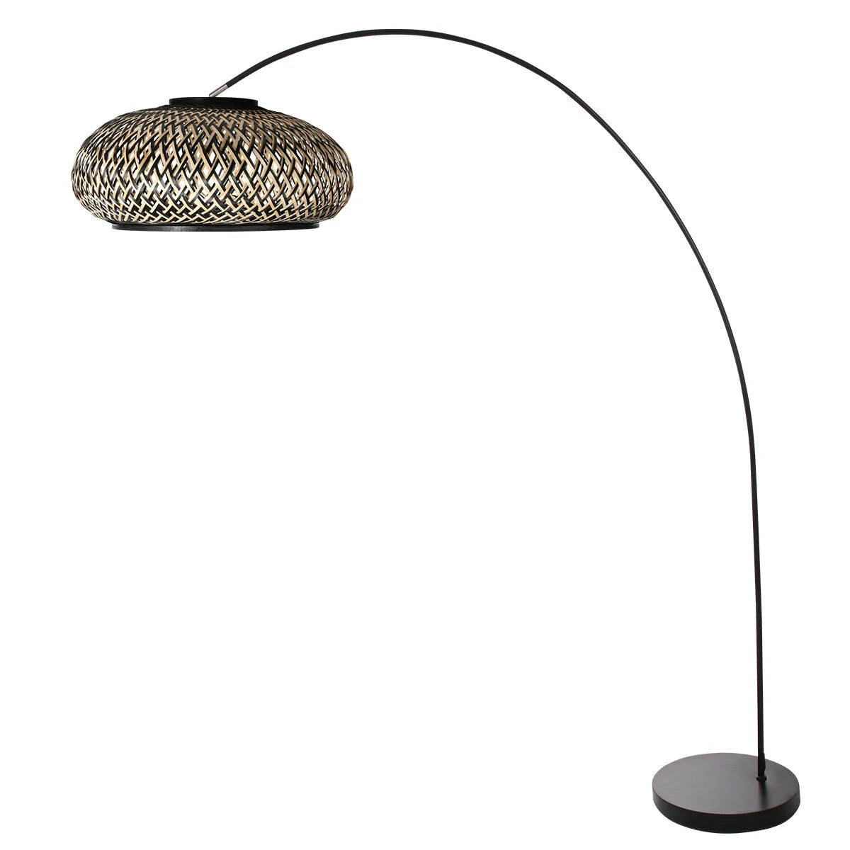Lampadaire arc en métal noir avec abat-jour tressé en bambou, Ø50 cm