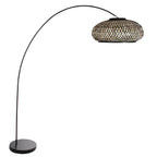 Lampadaire arc en métal noir avec abat-jour tressé en bambou, diamètre 50 cm