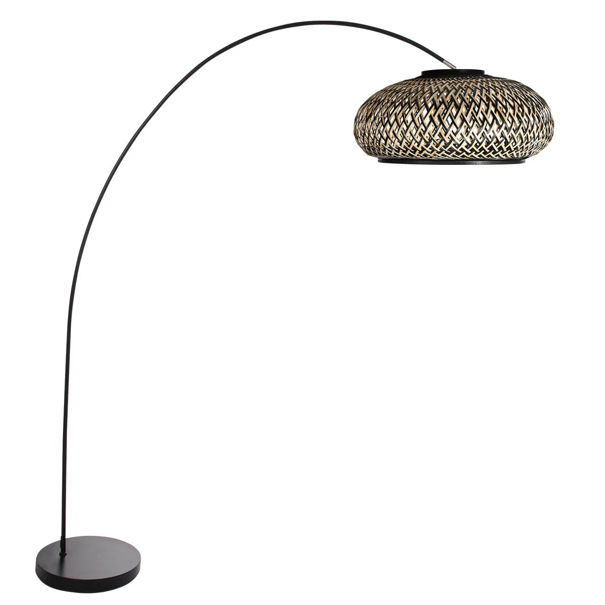 Lampadaire arc en métal noir avec abat-jour tressé en bambou, diamètre 50 cm
