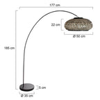 Lampadaire arc en métal noir avec abat-jour tressé en bambou, Ø50 cm