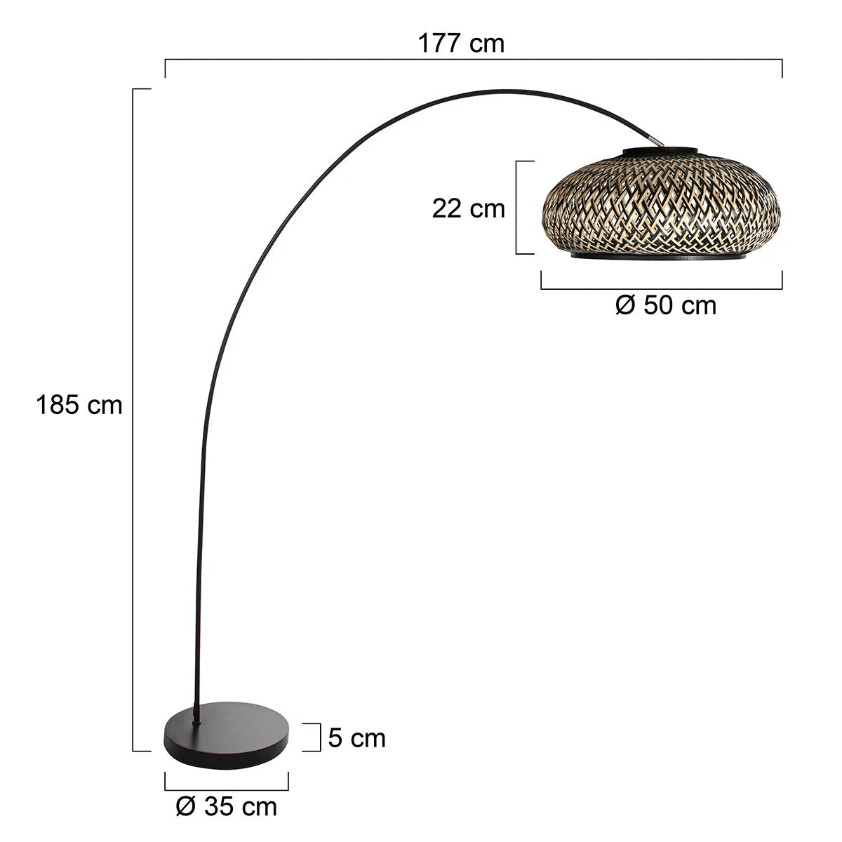 Lampadaire arc en métal noir avec abat-jour tressé en bambou, Ø50 cm