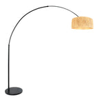 Lampadaire arc en métal noir avec abat-jour en fibre naturelle, hauteur H240 cm