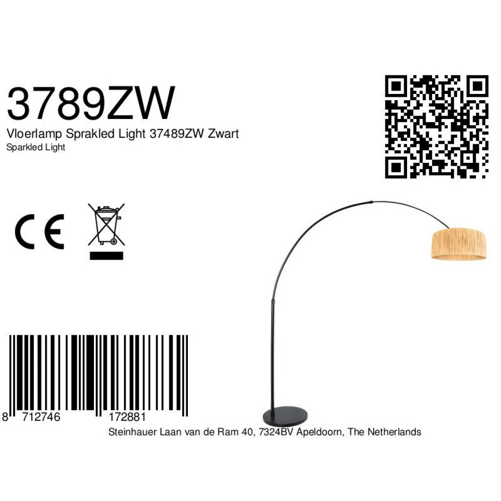 Lampadaire arc métal noir avec abat-jour tressé couleur paille, hauteur 240 cm