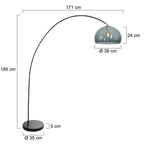 Lampadaire arc en métal noir avec abat-jour en verre fumé et base ronde H185 cm
