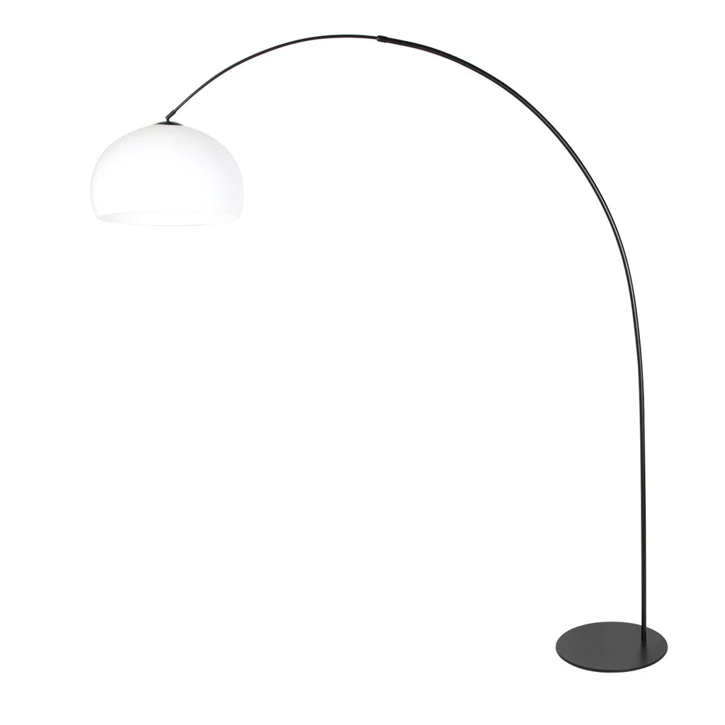 Lampadaire arqué noir avec abat-jour rond blanc en plastique, hauteur 210 cm