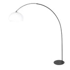 Lampadaire arqué noir avec abat-jour rond blanc en plastique, hauteur 210 cm